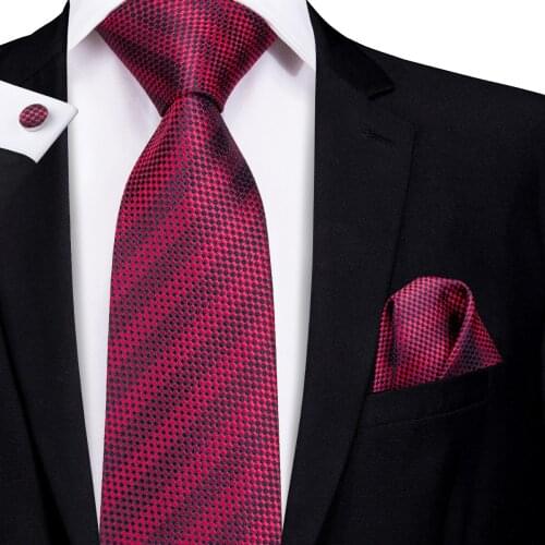 SN-3122 Hi-Tie 8.5cm 100% Silk Wine Red Men Tie Striped Necktie Men Classic Party Wedding Pocket Square Cufflinks Luxury Tie Set
