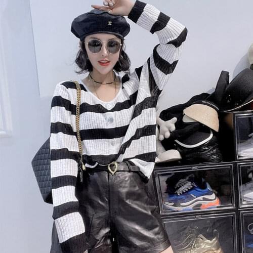 Ice silk sweater womens loose round neck striped shell button thin style