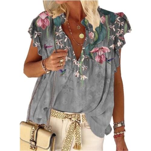 Summer Tops Women Casual Vintage Floral Print V Neck Shirts Fashion Butterfly Short Sleeve Ruffle Tops Loose Shirts Streetwear