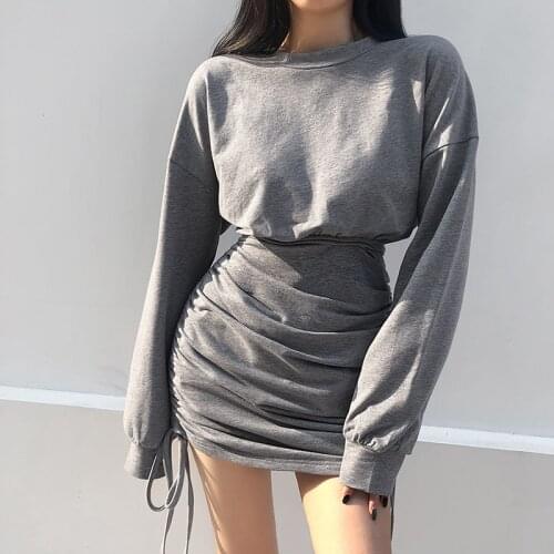 Streetwear Solid Side Drawstring Black Sexy Short Dress Women 2020 Autumn Long Sleeves Bodycon Gray Mini Dresses Party Vestidos