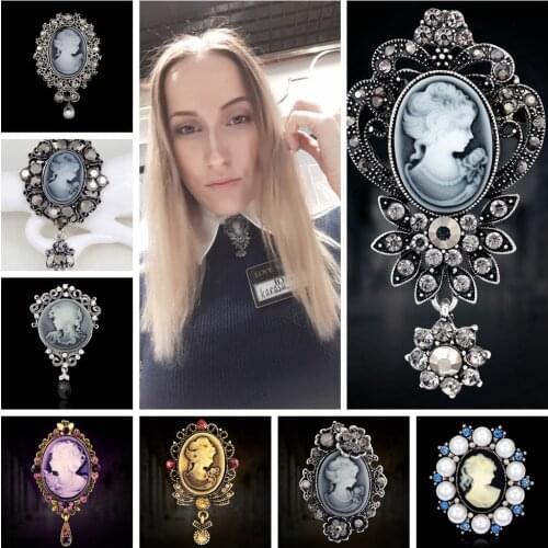 Water Drop Vintage Gothic Style Head Statue Cameo Brooch SImulated-Pearl Rhinestone Enamel Brooch for Women Brooches Pin Jewelry