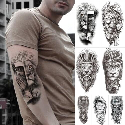 Waterproof Temporary Tattoo Sticker Praying Cross Lion Tatto Wolf Cross Wild Animals Body Art Arm Fake Sleeve Tatoo Women Men
