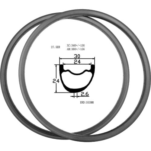 Graphene 27.5er carbon mtb rim Asymmetry 30x24mm 340g hookless XC disc mtb rims tubeless 650b mountain disc bike rims ERD 553mm