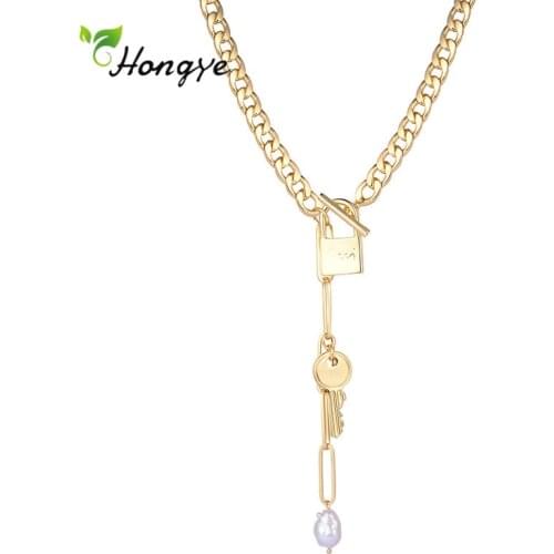 Hongye Irregular Chunky Natural Pearls Pendant for Women Link Chain Lock Key Necklace Party Weeding Punk Jewelry Fachion New