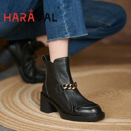 HARAVAL Women Ankle Boots Shoes Black Brown Shoes Round Toe Motorcycle Boots Spring/Autumn ELEGANT Solid Winter Shoes Lady E359L