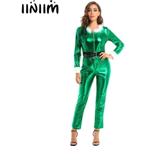 Womens Femme Fashion Long Sleeves Fancy Holiday Festival Xmas Masquerade Front Zippered Jumpsuit Christmas Cosplay Costumes