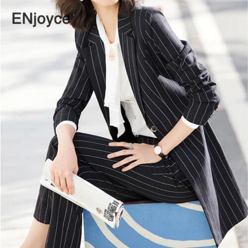 Spring Fall Women Sets Vintage Striped Black Long Sleeve Midi Blazer and Slim Pants/Skirt Plus Size Office Ladies 2 Pieces Set