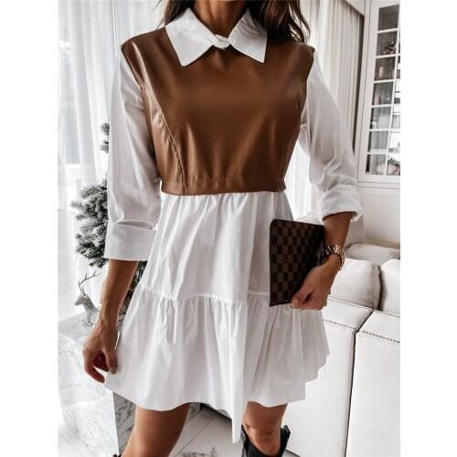 Women Patchwork PU Leather Tank A-Line Dress Spring Autumn High Waisted Long Sleeve Turn-Down Collar Dress 2021