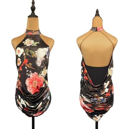 Floral Latin Dress Women Tap Dancewear Halter Samba Costume Sexy Stage Dress Designer Clothes Backless Rumba Dance Outfit JL3292