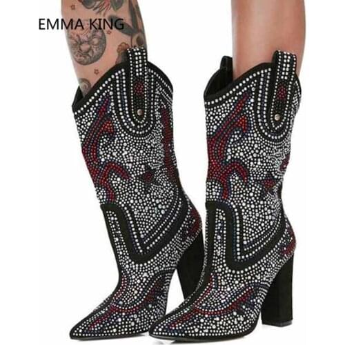 2018 Winter Boots Women Sexy Charming Western Cowboy Suede Crystal Decorative Martin Boots Black Leather High Heel Womens Shoes