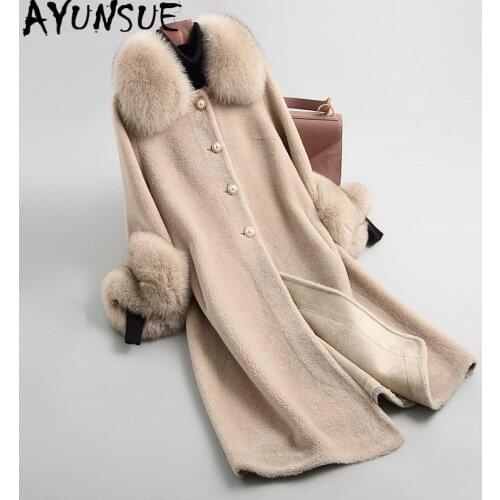 AYUNSUE Real Fur Coat Female Jacket Winter Jacket Women Fox Fur Collar 100% Wool Coats Sheep Shearling Fur Korean Jackets MY3515