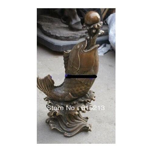 Bi00463 16inches Chinese Handcraft Pure Bronze Carp Spit pearls Statue