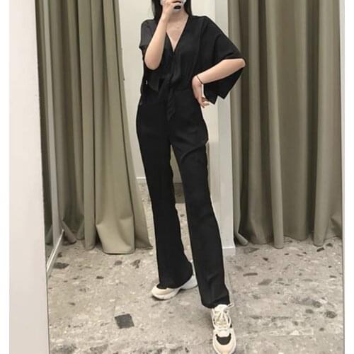 Black Womens Jumpsuit V-neck Loose Bowknot Lace French Brand Fashion Casual Jumpsuit Women