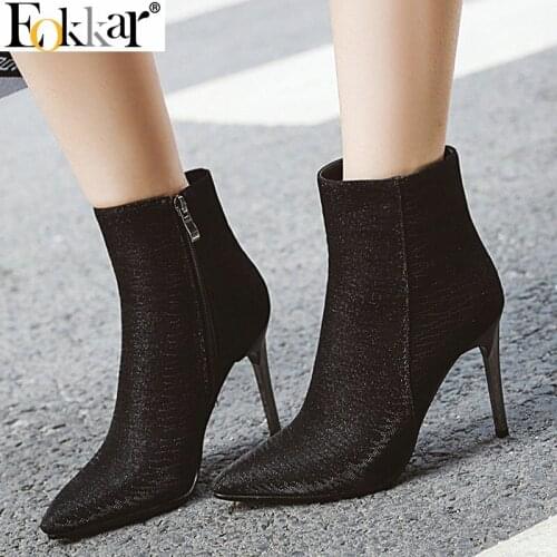 Eokkar 2020 Women Pointed Thin High Heel Ankle Boots Zipper All Match Sexy Winter Boots Elegant Glitter Ladies Boots Size 34-43