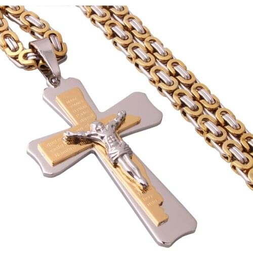 Good Quality Stainless Steel Jesus Cross Pendant Necklaces with Heavy Link Byzantine Chain Men Boys Christian Necklace