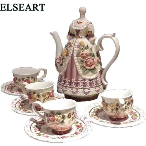Ceramic Coffee Cup Saucer Set Coffee Pot afternoon tea flower teapot teacup for home decoration