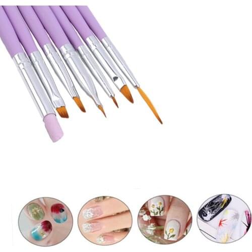 7 Pcs/Set Nail Brush Painting Liner Pen Pink Acrylic Handle UV Gel Lacquer Cuticle Remover Manicure Kit Nail Art Tools