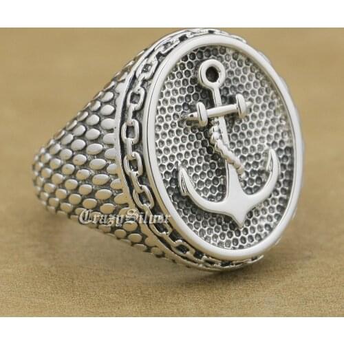 LINSION 925 Sterling Silver Anchor Chain Mens Biker Rocker Punk Ring 9W023 US Size 7 ~ 15