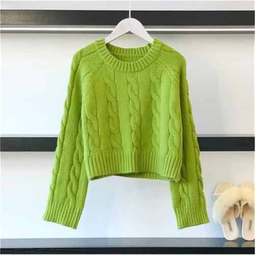 Korean Solid Casual Loose Warm Knitted Pullovers Women 2021 Autumn New Long Sleeve Short Knitwear Winter Women Jumper Green 5900