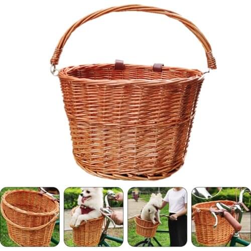 1pc Practical Vintage Bike Basket with Handle Rattan Woven Shopping Basket Balance Baskets Bike Scooter Basket Chocolate