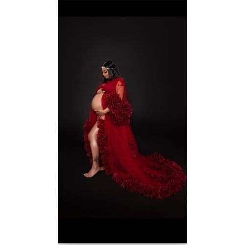 Red Prom Maternity Dress for Photoshoot Tulle Bathrobe Sexy Sheer Full Sleeve Evenin Dress vestido de fiesta abiye kaftan