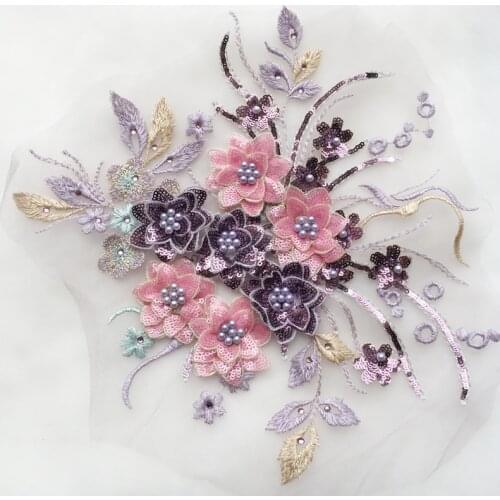 29*25cm 3D Flower Colorful Mesh Embroidered Pearl Beaded Lace Applique With Sequins DIY Lace Fabric Trim Wedding Dress Costume