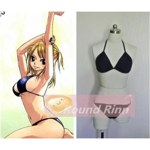 Fairy Tail Lucy Heartfilia Cosplay Swimwear Lace Up Bikini Anime Black Custom Made Swimsuit