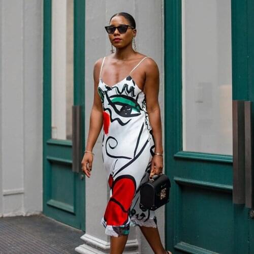 Dress summer ladies 2021 plus size loose casual graffiti print deep V-neck print summer suspender sexy dress