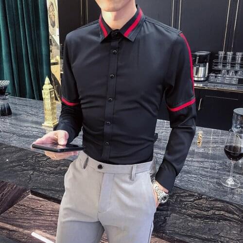 Fashion Spliced Design Long Sleeve Striped Shirts for Men Clothing 2021 Simple Club Slim Fit Casual Tuxedo Blouse Homme Black