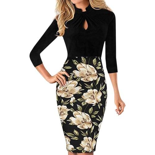 Fashion Womens 3/4 Sleeve Floral Patchwork Knee-length Stand Collar Bodycon Party Business Church Pencil Dress Vestidos#35