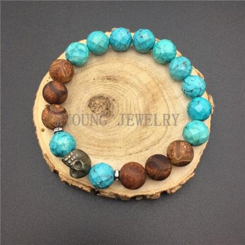 MY0812 Round Turquoises Beads Skull Head Bracelet Blue Howlite Brown DZI Beads Bracelets