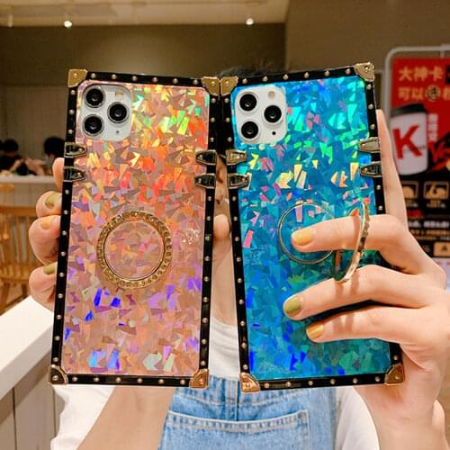 Luxury Glitter Bling Square Phone Case For iPhone 12Pro MAX SE XS MAX XR 7 8 6 Plus Luxury Shining Ring Holder Stand Soft Cover