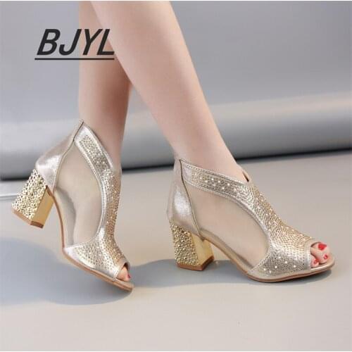 New High-heeled Sandals Women Summer Thick-heeled Fish Mouth Large Size Mesh Breathable Womens Rhinestone Back Zipper Sandals