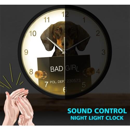Jail Prison Puppy Sound Activated Light Emitting Wall Clock Criminal Dachshund In Jail MugShot Dog LED Light Veterinarian Decor