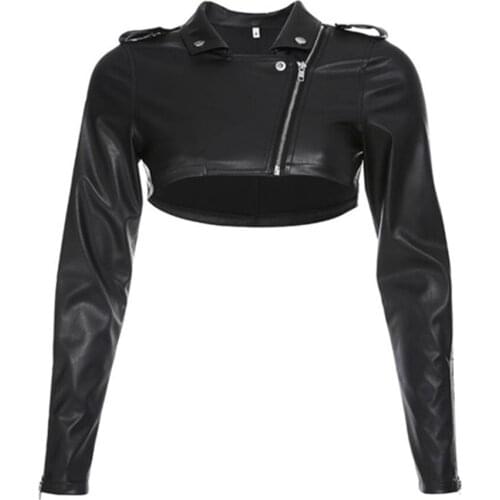 Black Faux Leather Cropped Jacket Women Long Sleeve Slim Fit Crop Top Hip Hop Streetwear PU Leather Jacket Coat Chaqueta Mujer