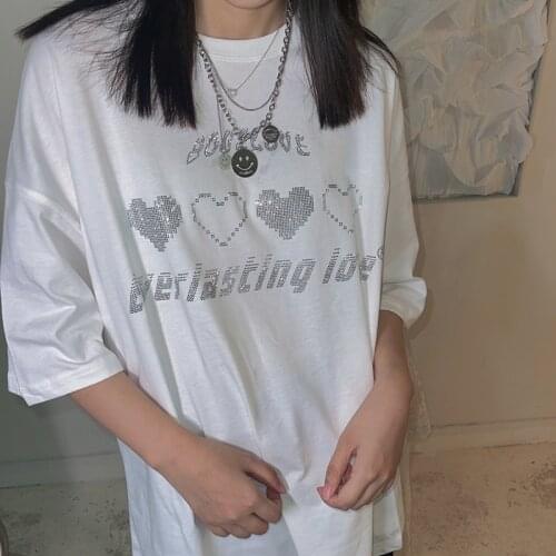 Letter love inlaid diamond short sleeve T-shirts womens summer street minority personality half sleeve top