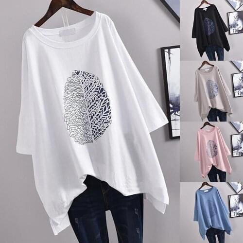Women Casual 3/4 Sleeve O Neck Leaf Print High Low Hem Loose T-shirt Top Blouse Womens Clothing рубашка женская ropa mujer