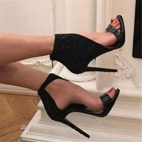 Women Summer Open Toe Comfy Sandals Round Toe Sequined Cloth PU 11.5CM Thin Heels High heels Slip On ZIP Bling women shoes