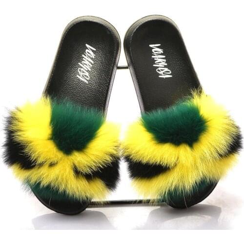 Women Fur Slippers Slides Open Toe Real Fox Fur Slippers Girls Fluffy Slip Jamaica Flag Rasta Caribbean