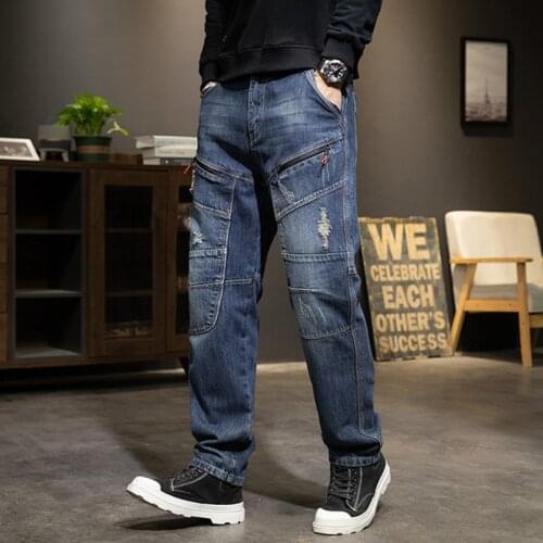 Plus Size Straight Jeans Mens Clothing Leisure Denim Pants Elasticity Jean Splice Stitching Mens Cargo Trousers