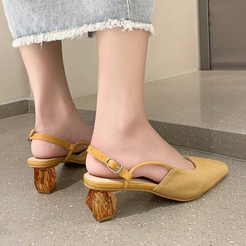 2021 Summer New Style Buckle Retro Simple Ladies High Heels French Crystal Heel Solid Color Square Toe Sandals