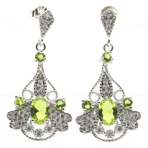 35x17mm 2020 Hot Sell Created Green Peridot White CZ Womans Silver Earrings