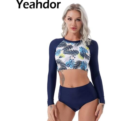 2Pcs Women Exquisite Print Summer Swimsuit Swimwear Long Sleeve Backless Tie-Back Top High Waist Bottom Bathing Suit Beachwear