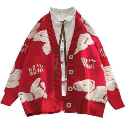 MENGYUXIN Cute Cartoon Print Knit Female Cardigan Jacket 2021 V Neck Loose Vintage Knitshirt Women Casual Outdoor Cardigan