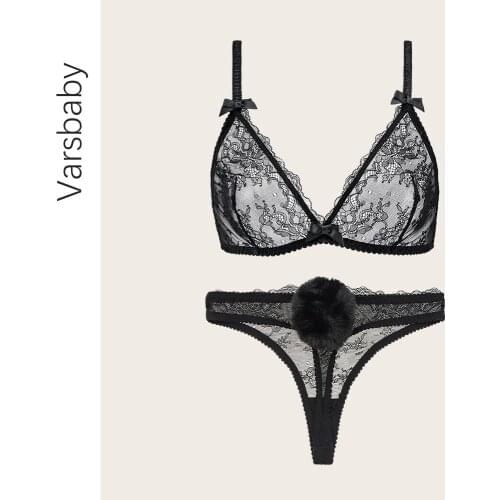 Varsbaby Womens Lace Sexy Bra Set French Triangle Cup Wire Free Bra Removable Tail Thong Breathable Comfort Temptation