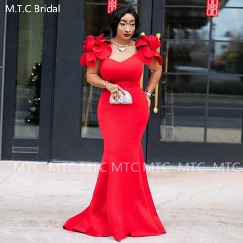 Red 2021 Mermaid Long Evening Dress With Flowers Floor Length Satin Formal Gowns For Women Plus Size Party Evening Dresses