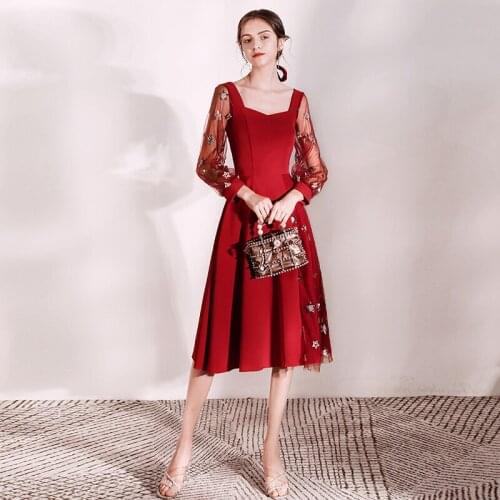 New Arrival 2019 Short Burgundy Prom Dress Elegant Hollow Sleeve Party Women Evening Gown