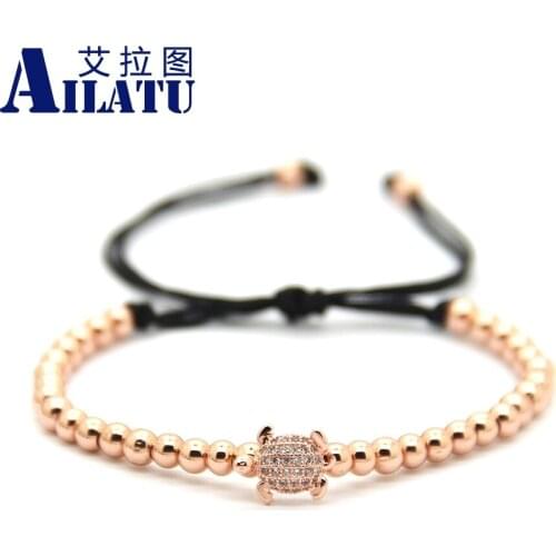 Ailatu High Grade Animal Style Jewelry 4mm Brass Beads Micro Pave CZ Tortoise Charm Braiding Macrame Bracelet Animal Shape