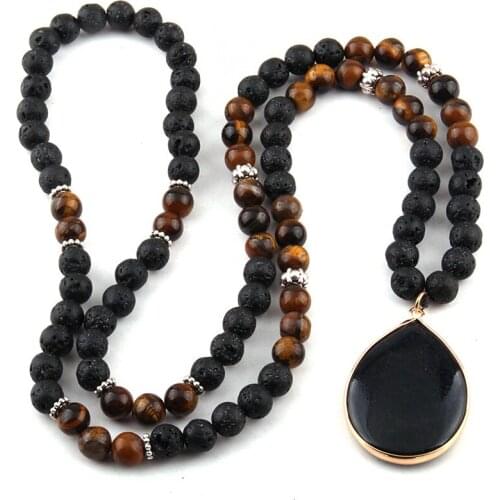 Free Ship Fashion Black Lava &Tiger Eye Stones Bohemian Tribal Jewelry Lave Drop Pendant Necklace For Women Ethnic Necklace