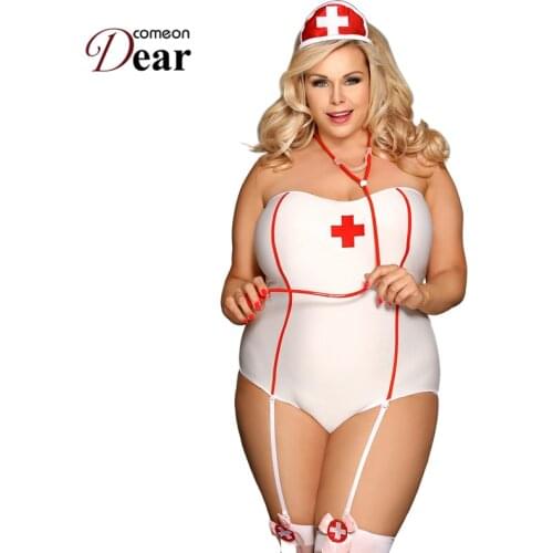 Comeondear White Bodysuit Plus Size Sexy Teddies Party Cosplay Nurse Women Romper Off Shoulder Bodysuit Summer Playsuit RB80675